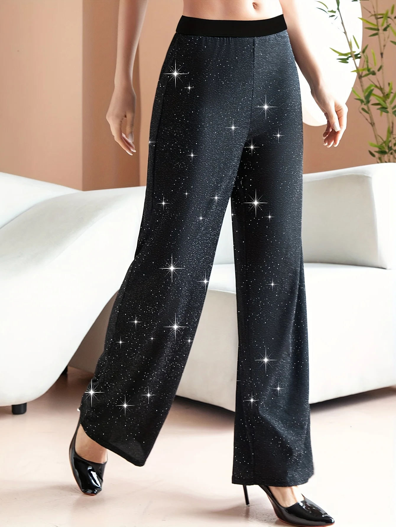 New Hot Selling Elegant Loose Silver Shiny Straight Leg Pants For Women, Fashionable And Casual Elastic Waisted Pants For Women