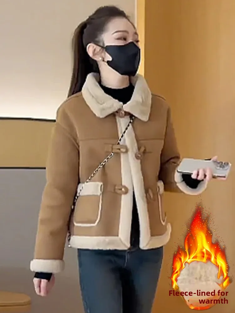 معطف فرو الخروف ort للنساء Thiened Fce خريف شتاء جديد Faion حجم صغير تخفيف Sle دافئ طويل Sve زر حتى