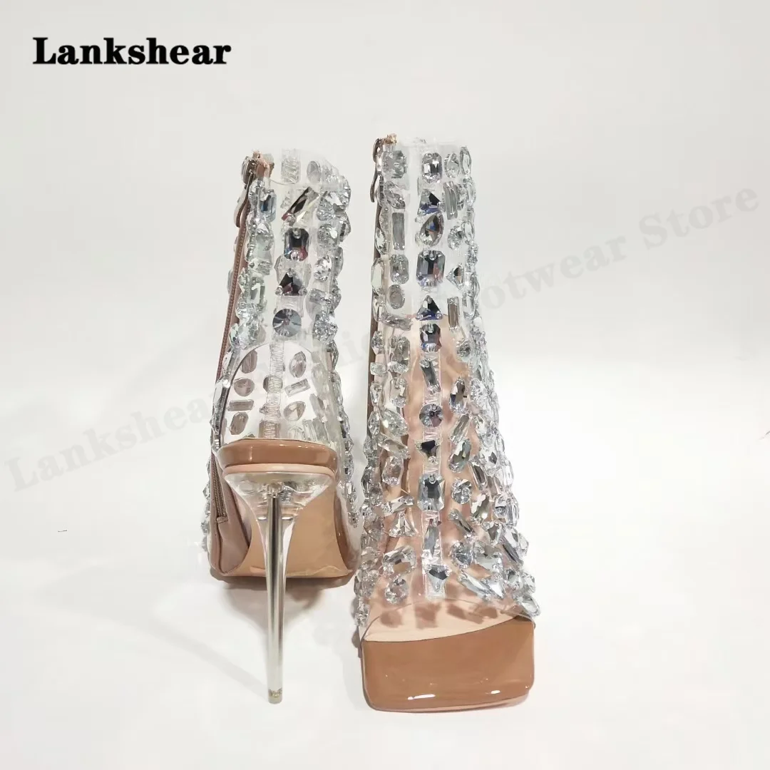 Transparent Crystal Heel High-Top Sandals Rhinestone Gem Stiletto Roman Shoes Catwalk High-Heeled Women's Shoes Large Size