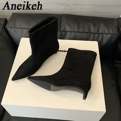 Aneikeh Sexy Women Pointed Toe Vintage Ankle Boots Thin Low Heel Warm Knight Boots Fashion Slip on Party Wedding Shoes Woman