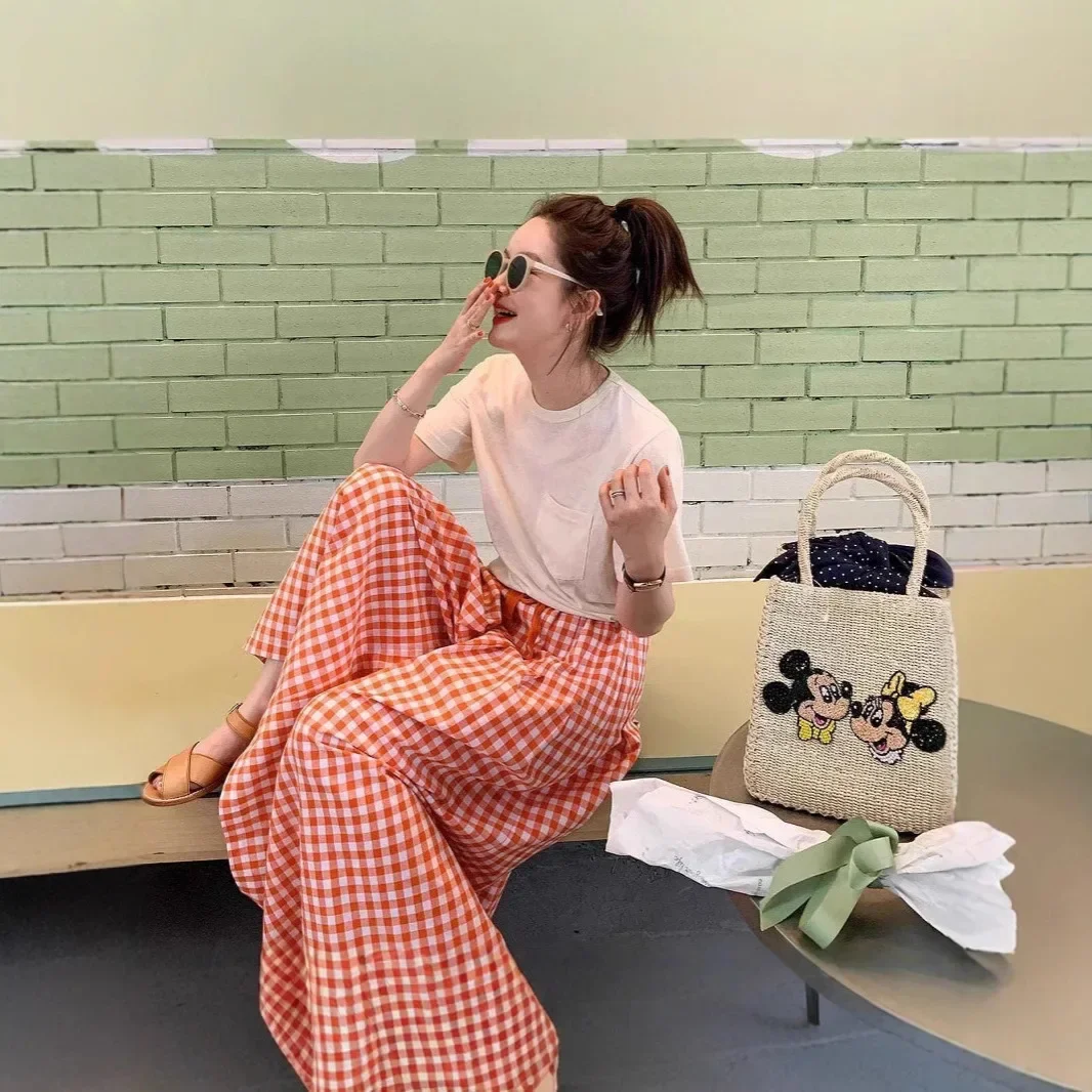 Pop ฤดูร้อนใหม่ลายสก๊อตกางเกงขากว้าง Elastic High เอวกระชับสัดส่วน Casual หลวมกางเกงผู้หญิงกางเกงยาวอเนกประสงค์หญิง