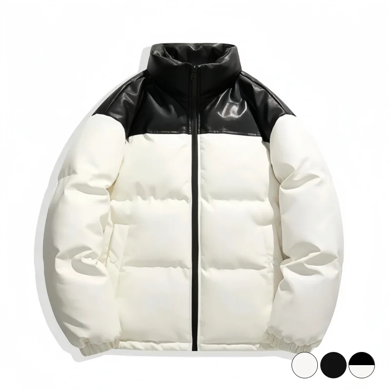 Winter New Pu Leather Puffer Jacket for Men, Thickened and Warm, Stand Collar down Cotton Coat, Shiny Surface, Couple Style, Loose Fit