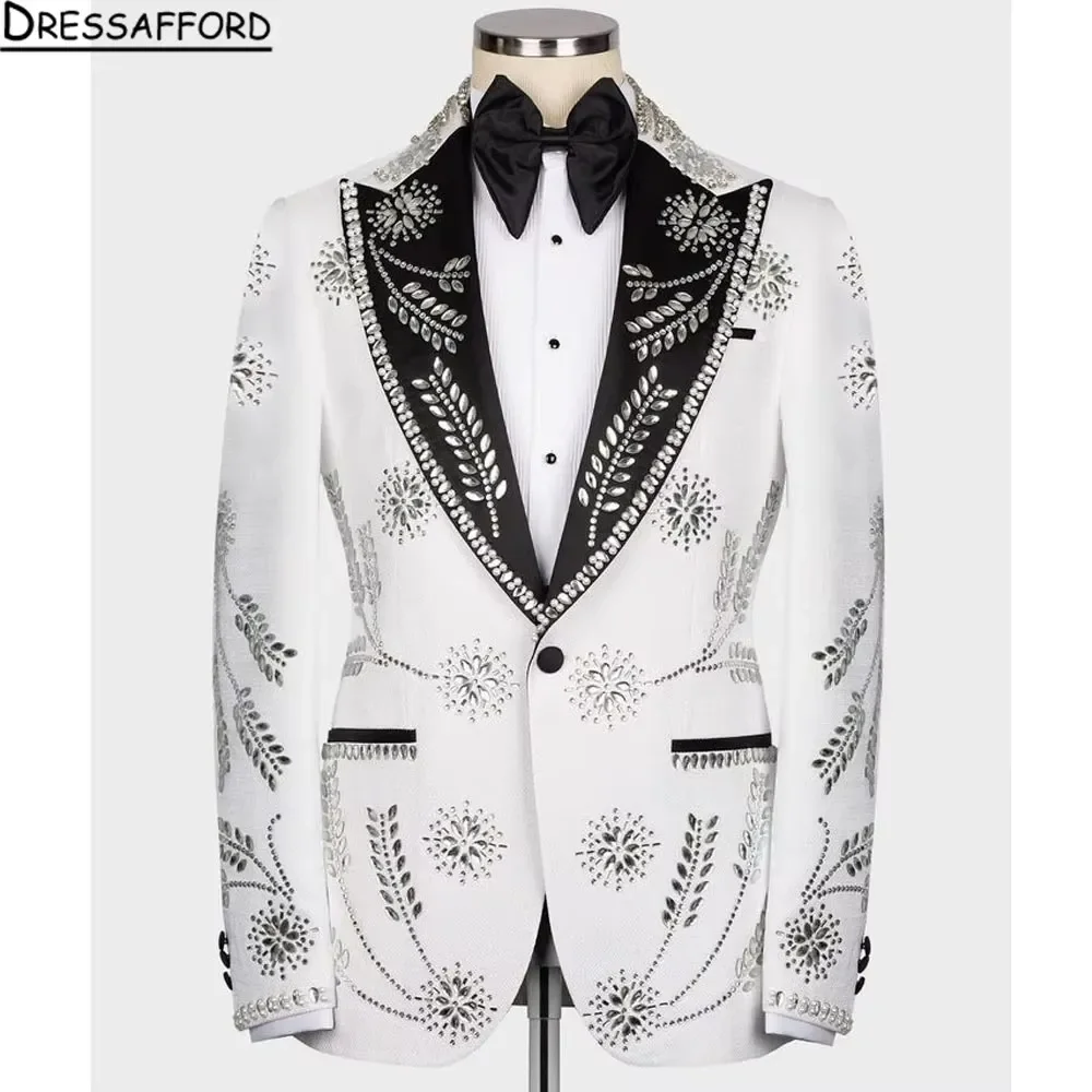 Trajes blancos para hombre para boda, chaqueta de 3 piezas, chaleco, pantalones, cuentas de cristal, diamante, esmoquin para novio, banquete Formal de negocios