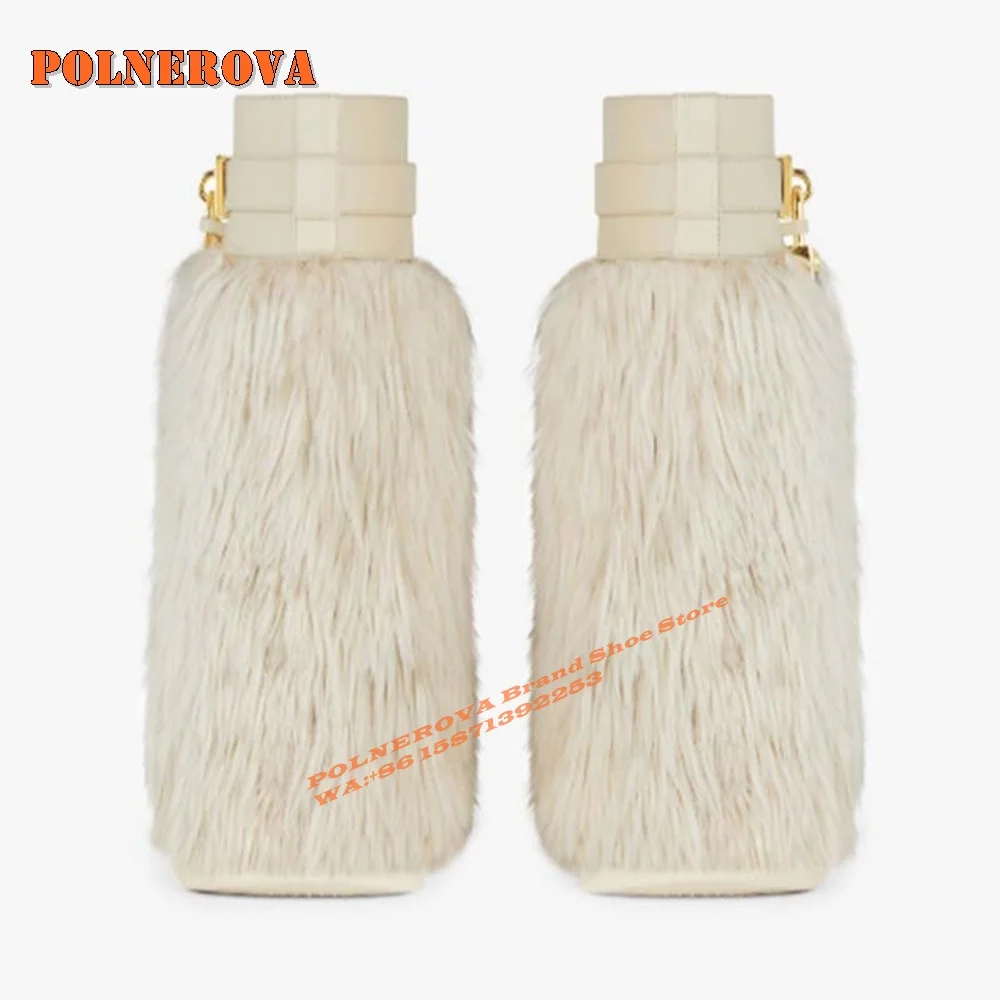 Furry Shark Lock Ankle Biker Boots Round Toe Thick Sole Sole Soft Warm Women's Snow Boots 2024 Winter New Style Casual Big Size