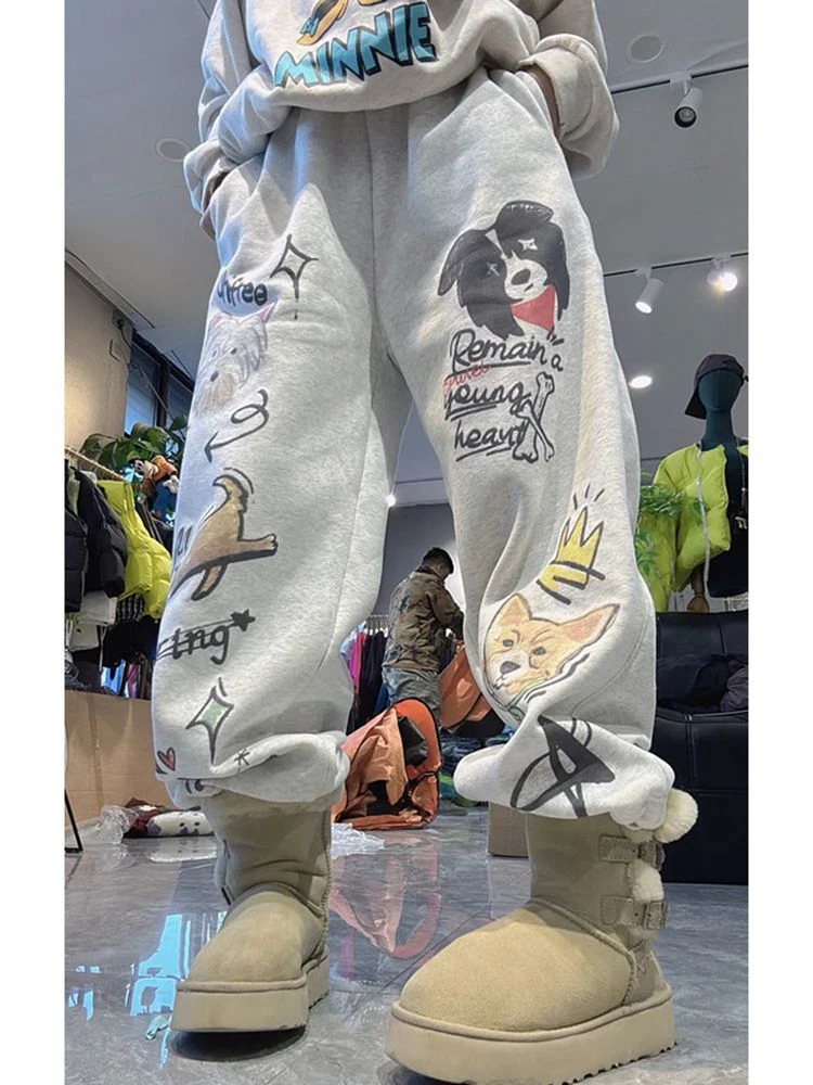 플러스 사이즈 여성용 안감 있는 프린트 탄력 허리 캐주얼 팬츠 하이웨이스트 스트레이트 레그 팬츠 패셔너블 슬리밍 롱 팬츠