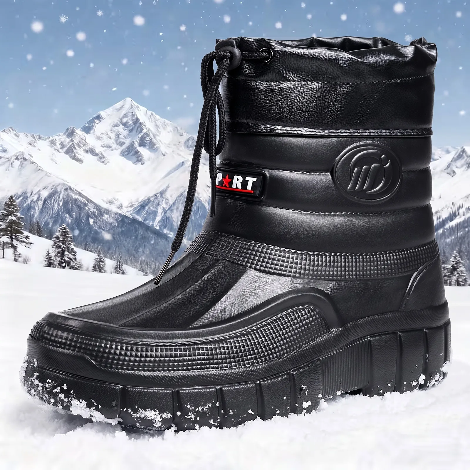 Winter Herren Baumwollschuhe mit Samt und warmem Leder, dicker Sohle, Kordelzug, hoher Schaft, schwarz, Outdoor, kältebeständig, Schneestiefel – Detail 2