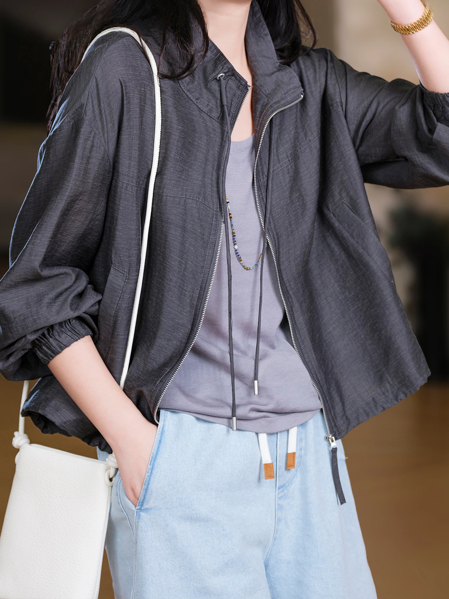 Light Oxygen Loose Reed Goods! Fine Shale Lyocell Cotton Inner Stitched Drawstring Thin Outerwear Casual Loose Style for Women