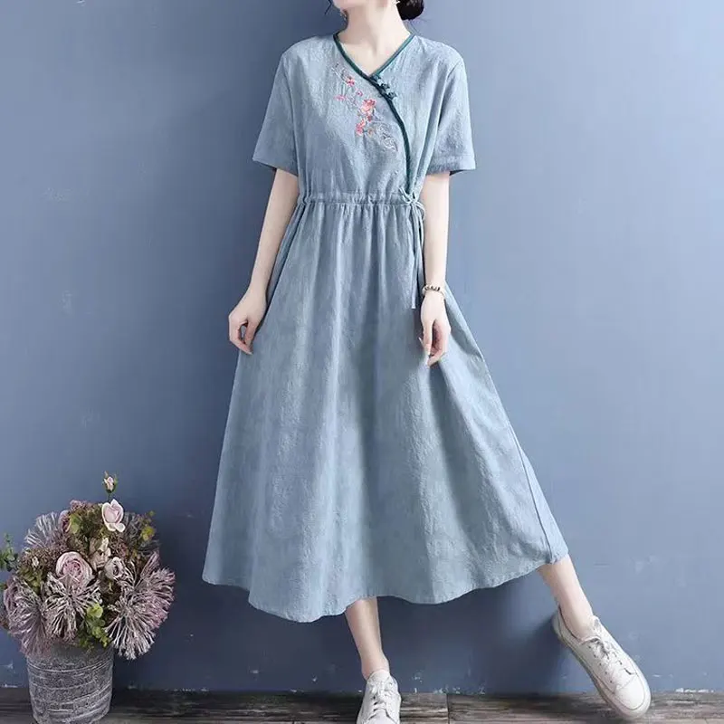 Chinese Disc Buckle V-Neck Dresses Summer New Folk Fashion Embroidery Women\'s Clothing Casual Loose A-Line Drawstring Midi Dress