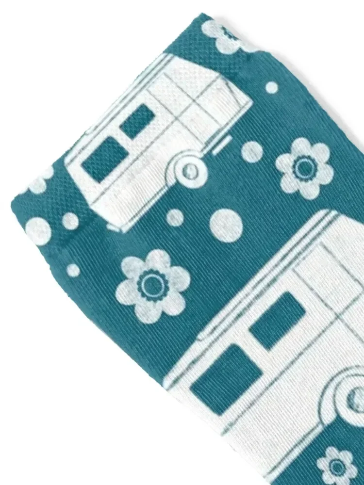 Vintage Caravan block print in dark teal and white Socks Antiskid soccer crazy cute Men Socks Women's