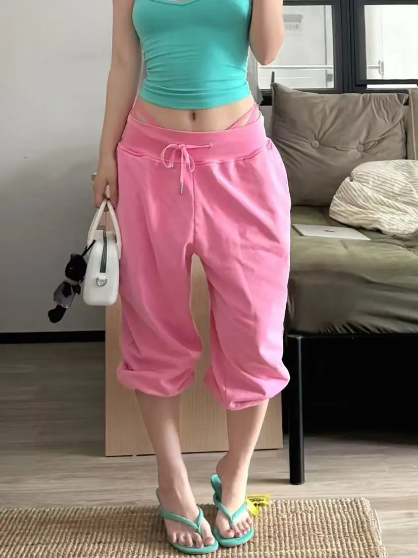 American Retro Pink Drawstring Casual Oversize Pants For Women Summer New Street Loose Wide-Leg Sports Shorts High-Waisted Pants