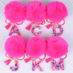 Cute Fashion Initials Letter Charm Keychains With Rose red Pompom Tassel Handle Pendant Keyrings Women purse Bag key Accessories