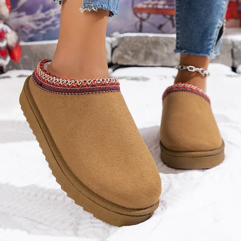 

Women Snow Boots for Warm Suede Leather Boots Autumn Winter Slip on Platform Boats Close Toe Hair Half Slipper Cotton Shoes