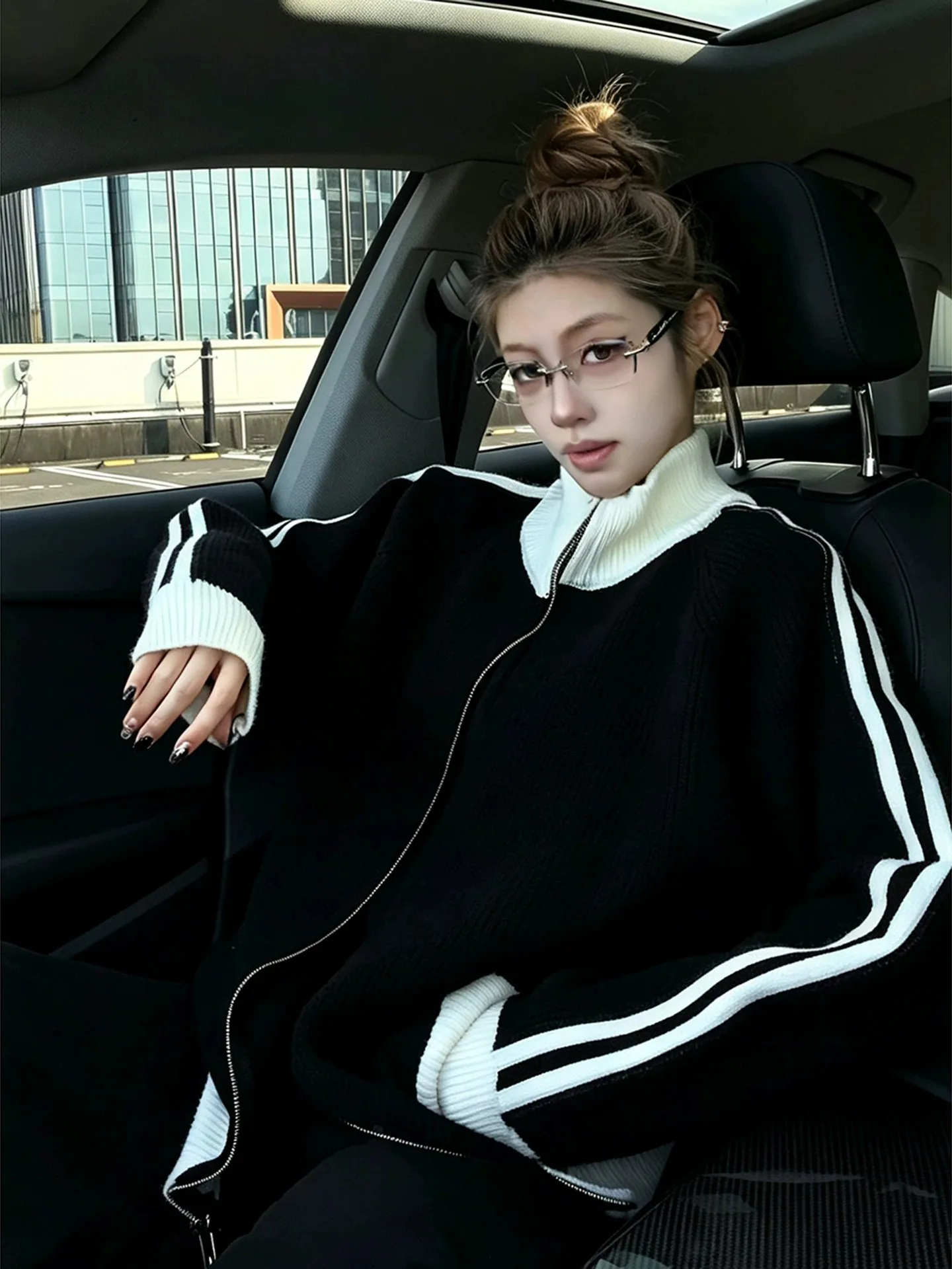 American Style Color Block Striped Splicing Sweater Loose Fit Zipper Knitted Cardigan for Women Autumn Winter Casual Outerwear