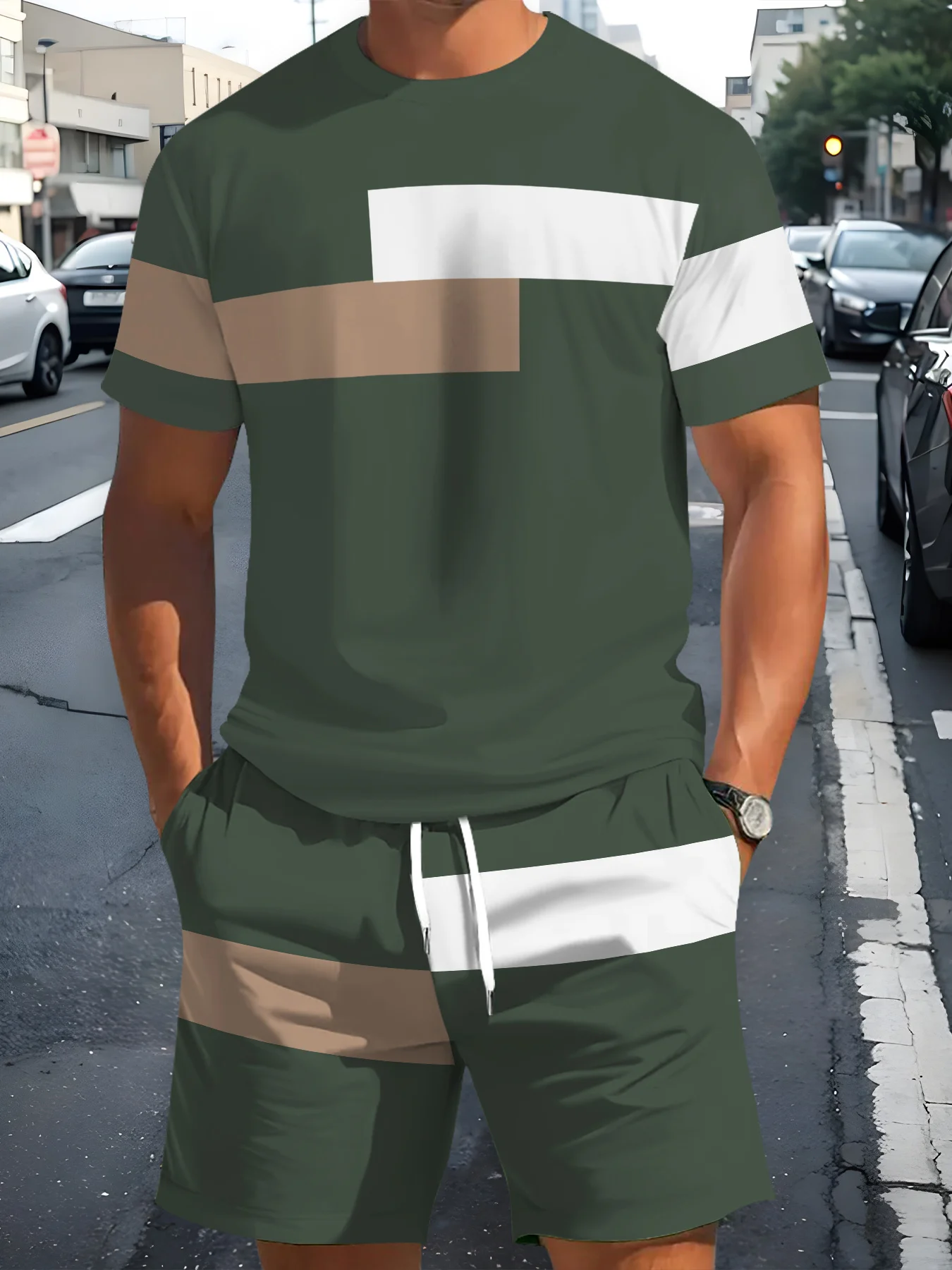 

2026 Summer New Men's Short-Sleeved Set with 3D Stripes Pattern Print for Street Casual Fashion with Breathable Design