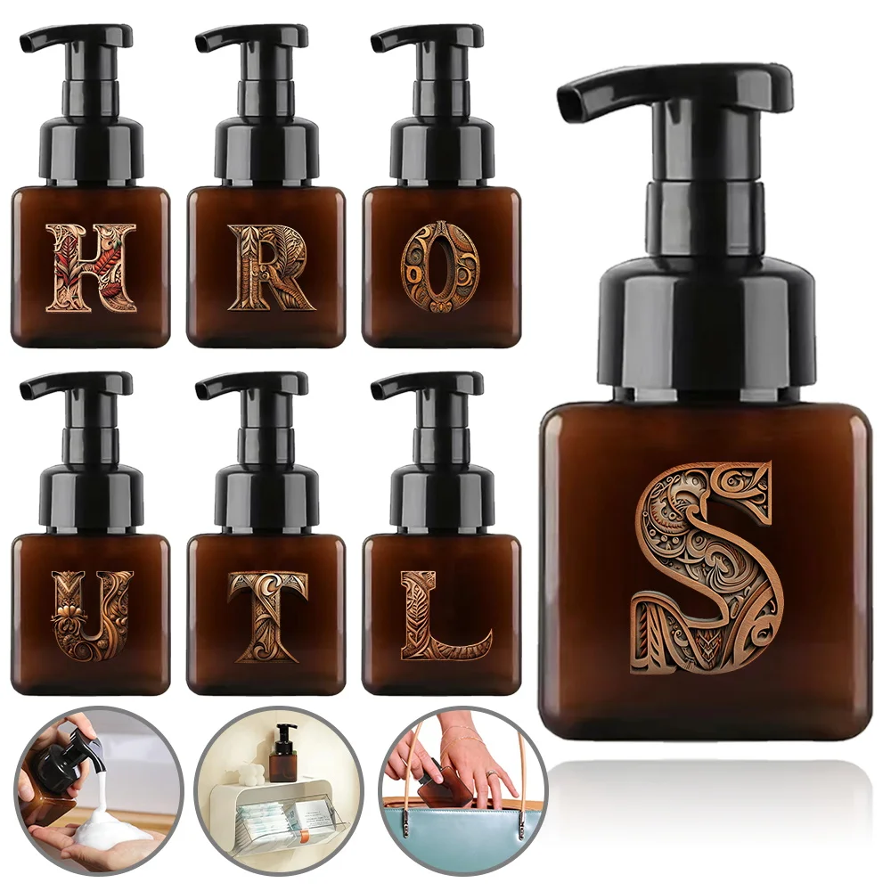 

250ml Foam Pump Bottle Foaming Soap Dispenser Refillable Shampoo Body Wash Split Bottle For Bathroom Wood Art Letter Pattern