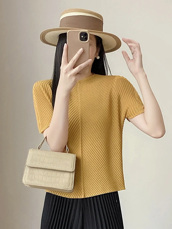 

High-End Stand Collar Color Dragon Sc Pleated Top Women's Elastic Slim Fit ort Sve T-irt Daily Wear Polyester