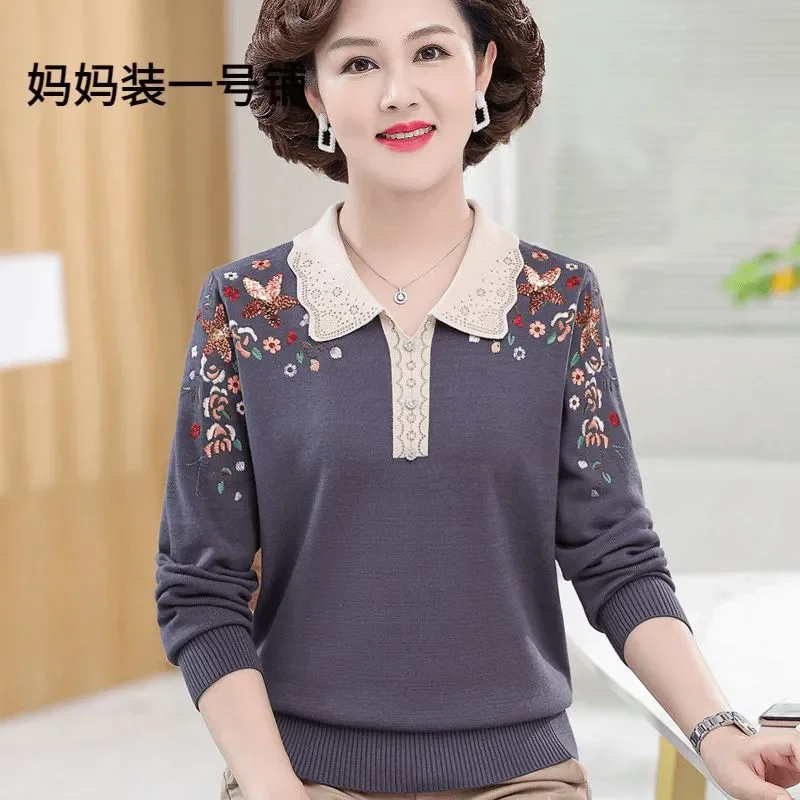 중년 여성 캐시미어 스웨터 가을 겨울 긴팔 라펠 니트웨어 여성 울 풀오버 우아한 자수 니트 점퍼