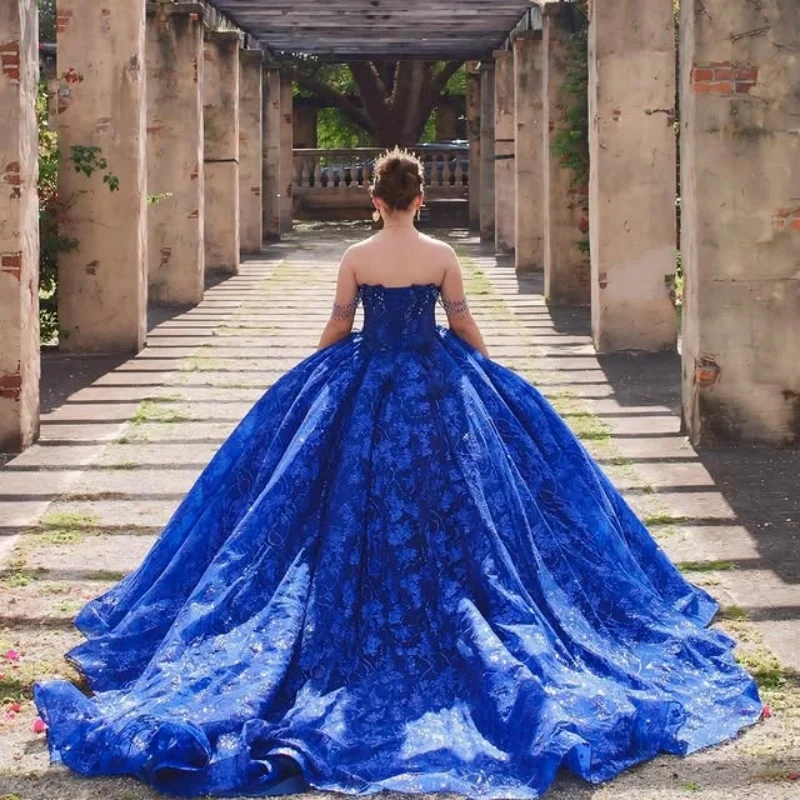 Shiny Royal Blue Quinceanera Dresses off-shoulder Glitter Crystal Decal 3D Flower Long tail Vestido De 15 Quinceanera Customize