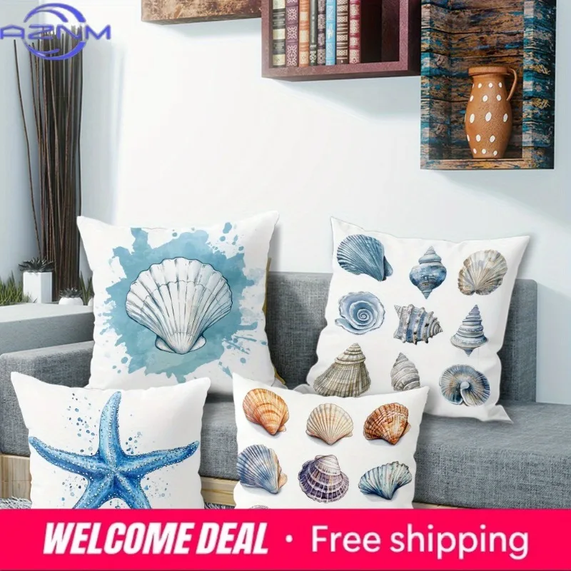 Home Decor Seashell & Starfish Watercolor Pattern Pillow Covers Pattern Cushion Cover Suitable For Sofa Bedroom Car Pillow Cover