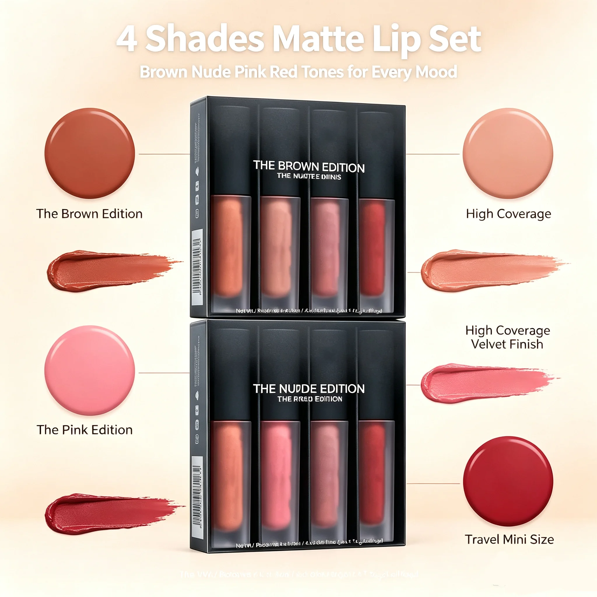 4Pcs/Set Liquid Matte Lip Gloss Mini Lipstick Set Long Lasting Waterproof Non-stick Cup Lip Makeup The Edition Lipgloss Gift Kit