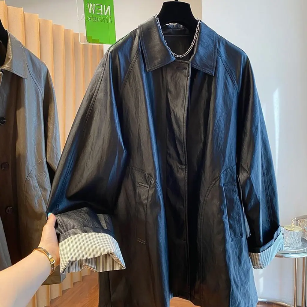 Maillard Brown Long Leather Coat for Women High-End European Style Spring Autumn Wide Slack Trenchcoat