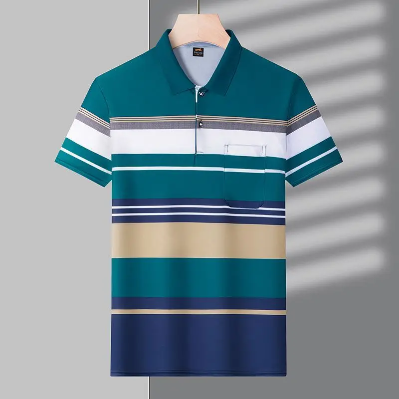 Men's Summer Loose New Style Polo Shirt Middle-aged and Elderly Stylish Half Sleeve Striped Collar Top
