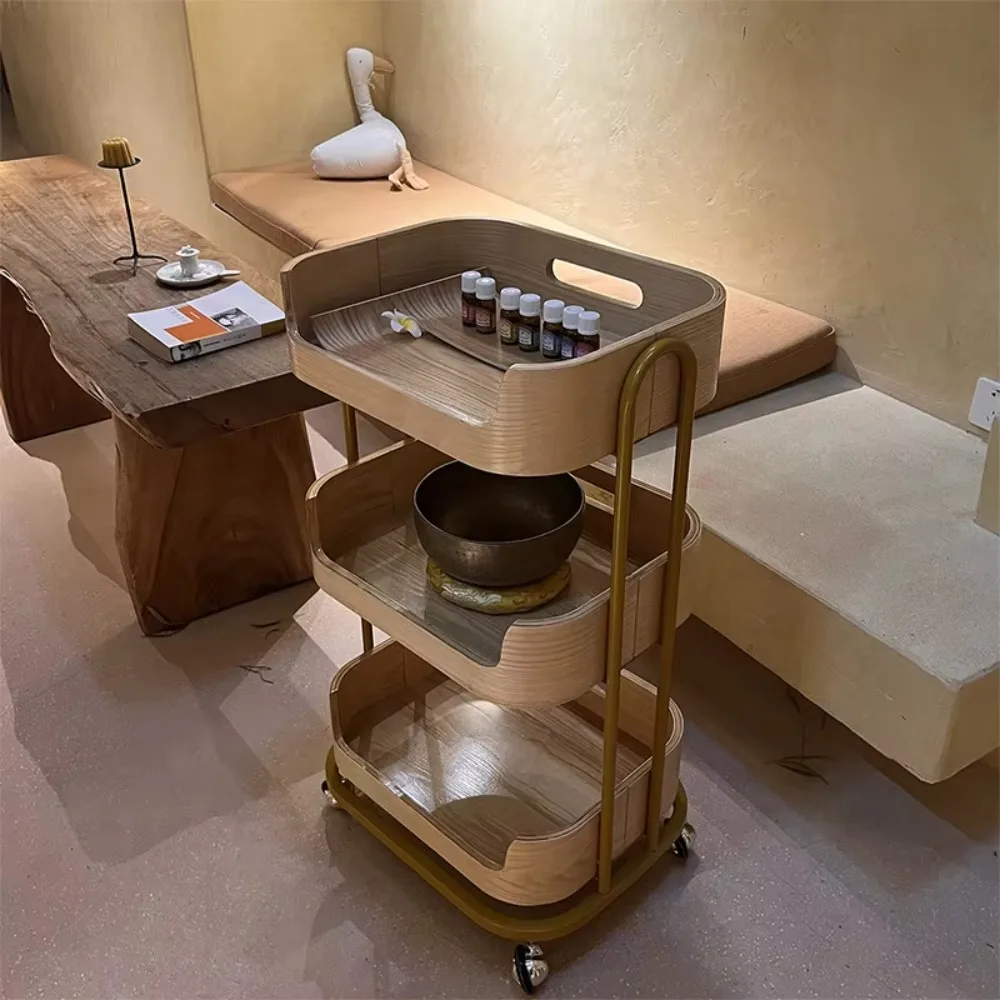 Modern Design Three-Layer Solid Wood Salon Trolley Multi-Functional Mobile Barber Shop Tool Furniture for Beauty Salons