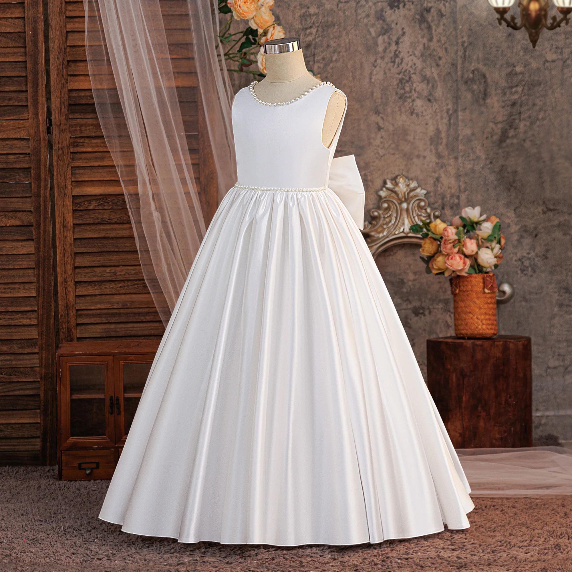 Satin Brautjungfernkleid für Partys, Weihnachtskostüm, Schleife, Taufe, Hochzeit, Prinzessinnen-Ballkleid, Mädchen-Gala- und Neujahrs-Abendkleid – Detail 6