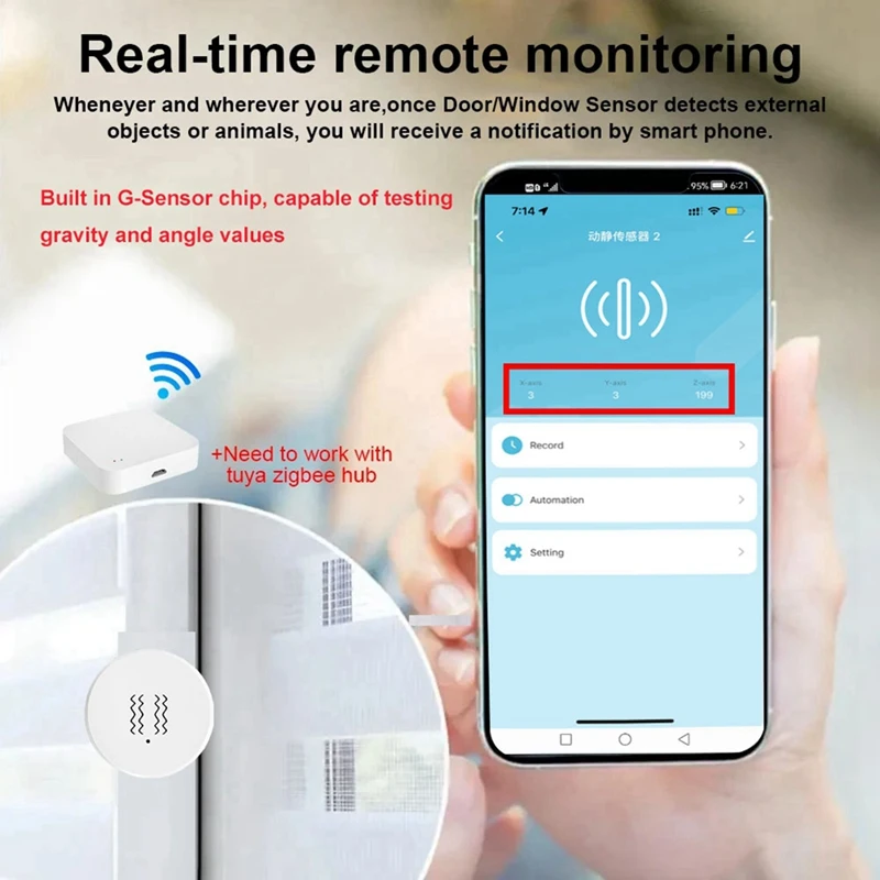 Tuya Zigbee Smart Vibration Sensor Home Security Guard Real-Time Monitoring Alarm Notification Tilt Detector