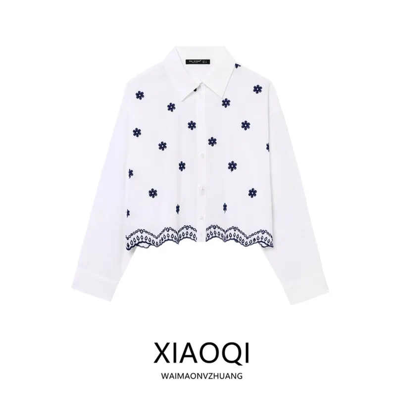 

Лето 2023, женские модные длинные све, хлопковые, с вышивкой, с воротником-стойкой, универсальные, свободный крой, ort Length