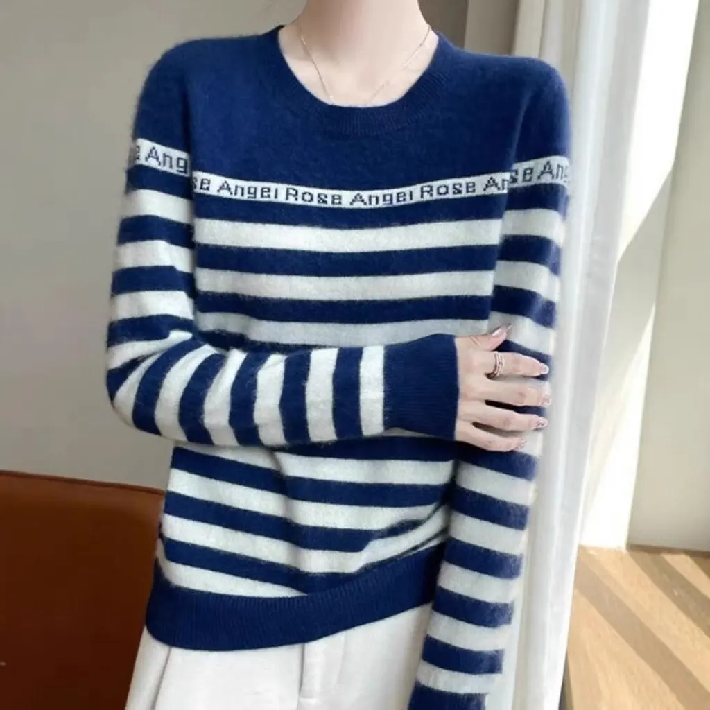

Женский полосатый свитер с круглым вырезом и буквами, свободный крой, кашемировая вязаная базовая рубашка, осень-зима, новинка
