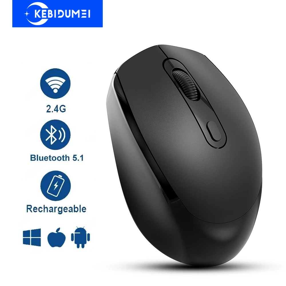 KEBIDUMEI Mouse sem fio de modo duplo 2.4G, mouse Bluetooth recarregável com microfone, mouse para jogos com 3 níveis de DPI, mouse de escritório para