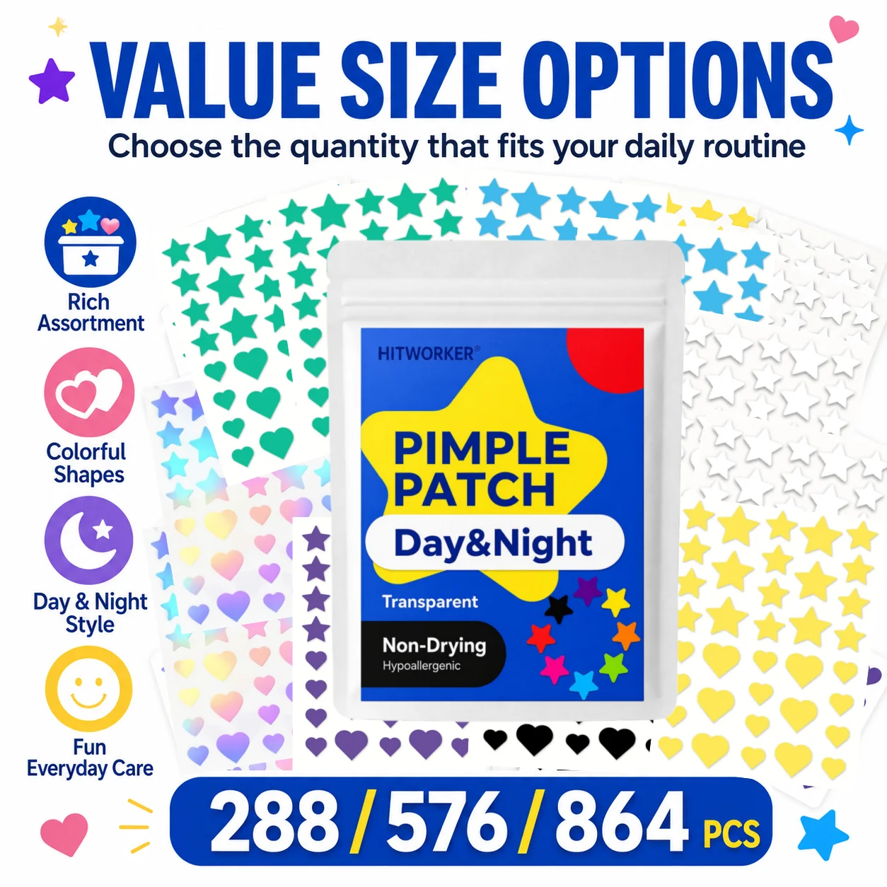 288/576/864 Count Colorful Pimple Patches, Star & Heart Hydrocolloid Face Cover Stickers, Cute Invisible Skin Care Patches, Ultr