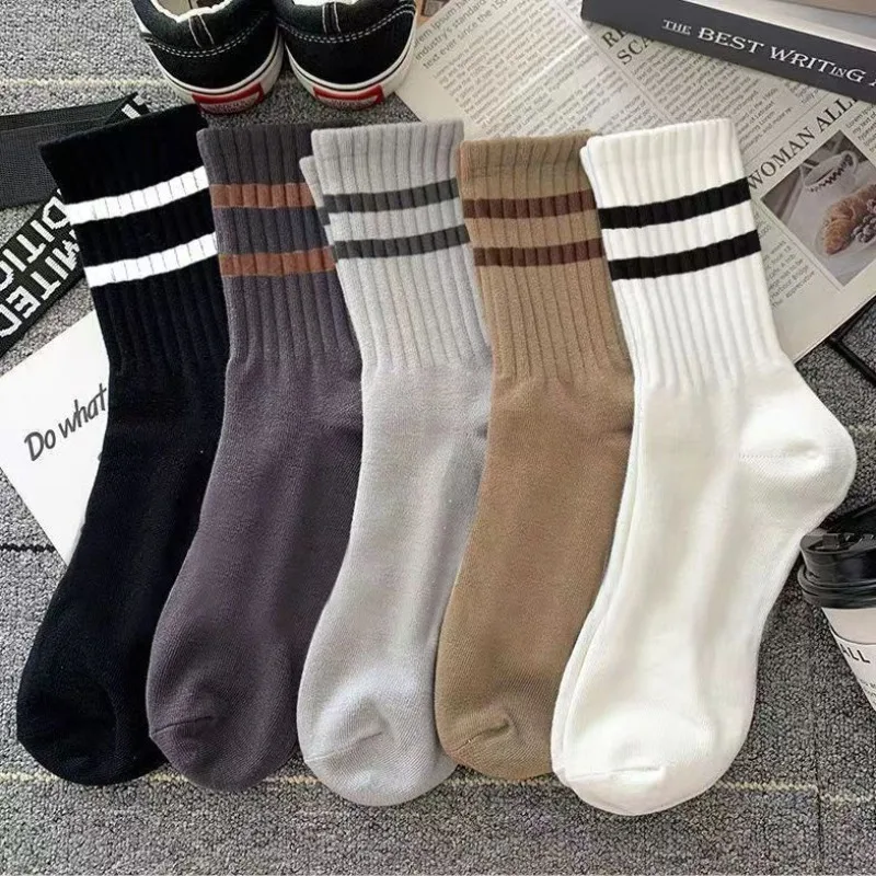 

5 pairs Men's fashion mid length socks autumn winter solid color striped casual sports odor proof sweat absorbing long socks