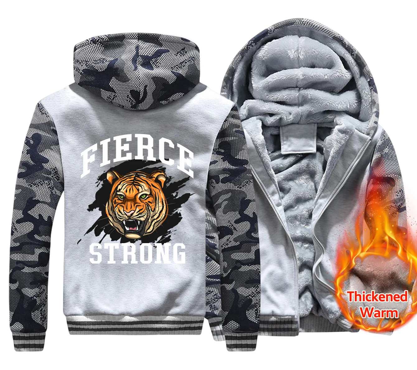 Fierce Tiger Strong Male Hoodie Thickened Warm Zipper Simple Casual Hoody Winter Warm Loose Sweatshirt Hipster Fleece