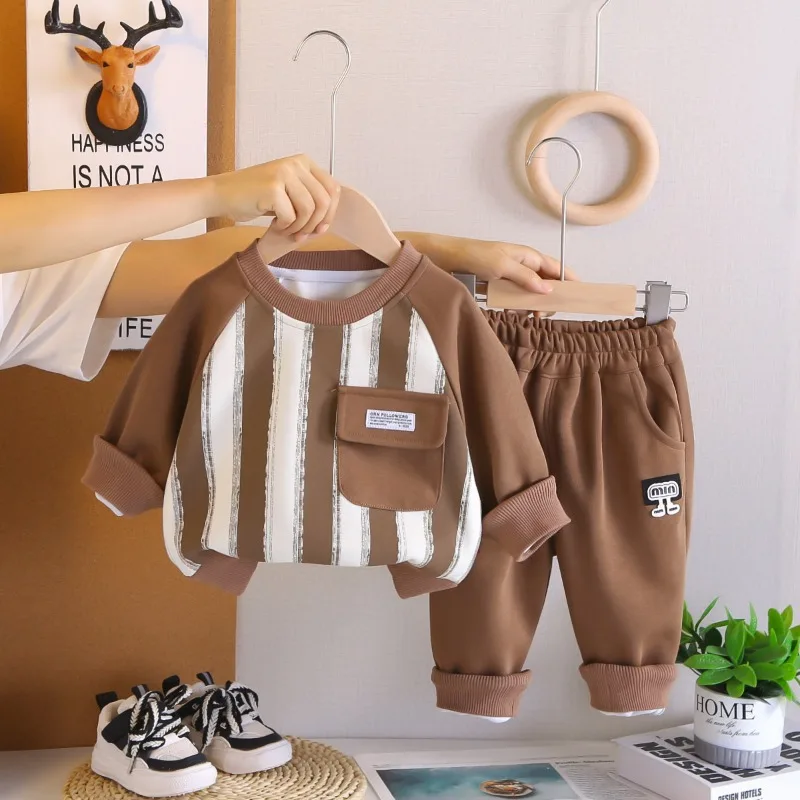 أطقم للأولاد والبنات 2025 ربيع الخريف النمط الكوري العصرية عادية عمودي مخطط جيب علوي فضفاض قطعتين مجموعات #5