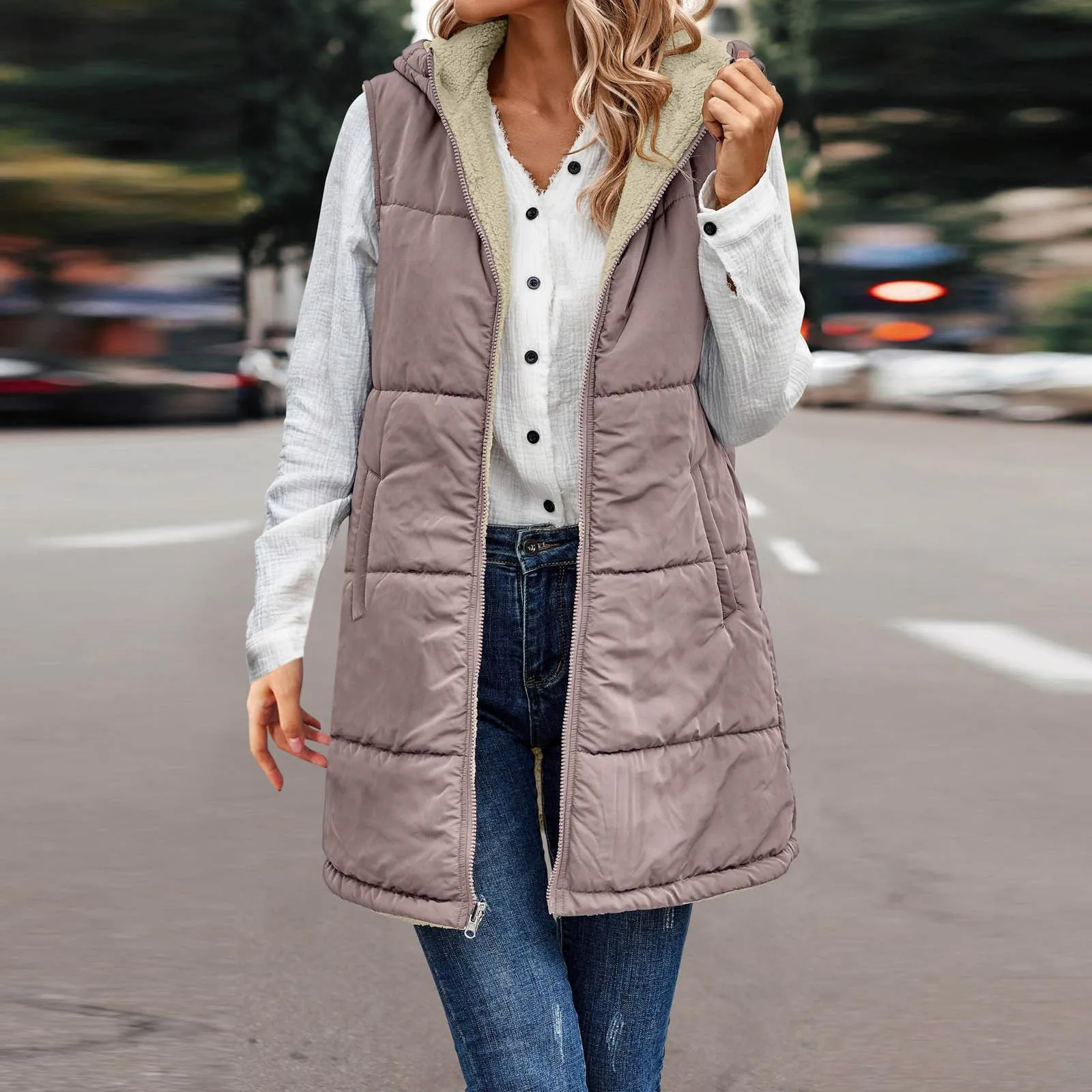 Women Fall Winter Reversible Vest Coat Hooded Sleeveless Fleece Lining Jacket Mid-length Waistcoat Long Warm Outerwear