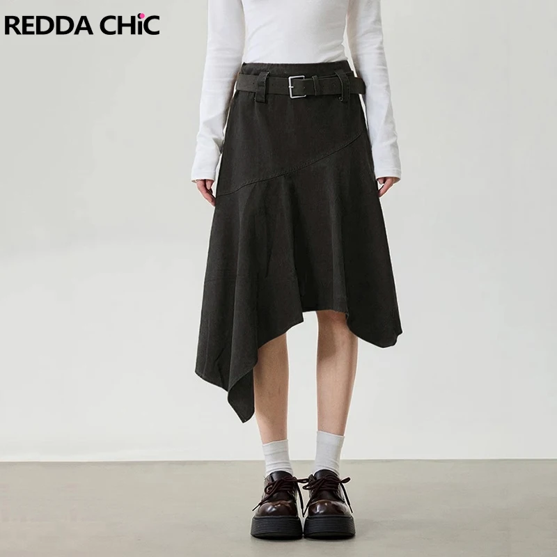 

REDDACHiC Women's Patchwork Irregular Ruffle Denim Skirt Solid Casual Midi Long Flowy A-line Jean Skirt Western Retro Streetwear