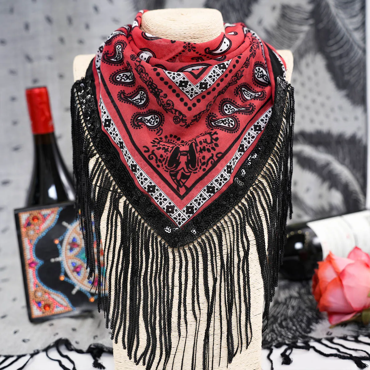 Fashionable women\'s bandana square scarf shell metal copper sheet pendant tassel cashew print square scarf