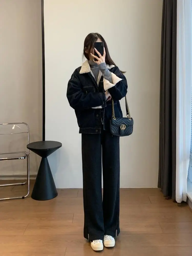 

Джинсовые пальто со стразами, женские меховые плюшевые женские осенние двусторонние пальто с воротником-стойкой, винтажные лоскутные хипстерские студенческие элегантные повседневные пальто