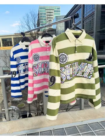 새로운 유럽과 미국의 맞춤형 스트라이프 컬러 다이아몬드 긴팔 탑 Y2k 스트리트 힙합 오버 사이즈 루즈 폴로 셔츠