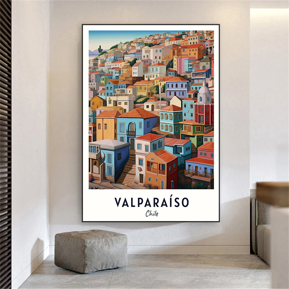 Resin Art Wallpaper - โปสเตอร์ภาพพิมพ์การท่องเที่ยววาลปาไรโซ อเมริกาใต้ ชิลี ศิลปะตกแต่งผนังเมือง ภาพทิวทัศน์เมืองที่เต็มไปด้วยสีสัน ภาพวาดเพชร