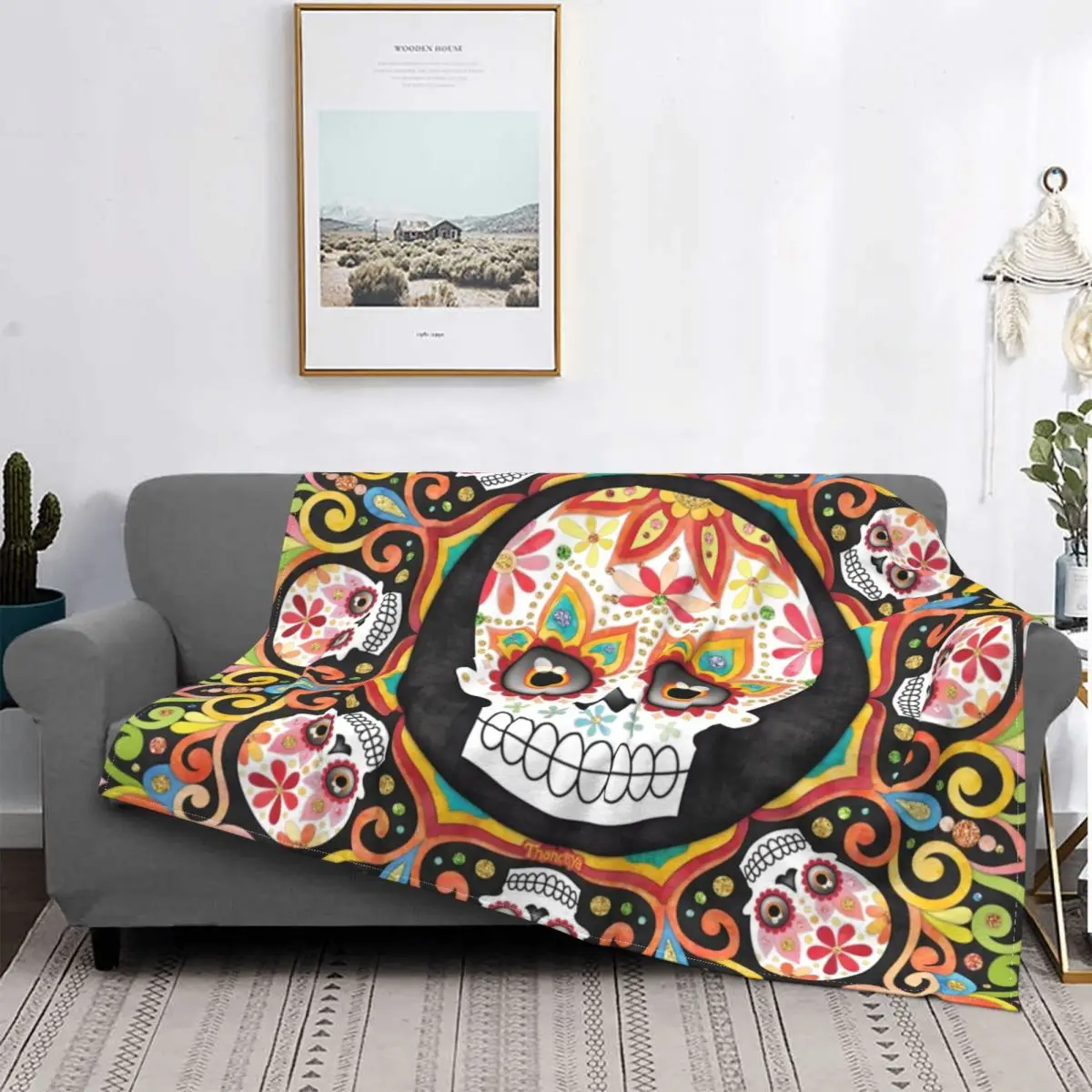 

Mexican Sugar Skull Mandala Art Blanket Soft Fleece Warm Flannel Day of the Dead Throw Blankets for Sofa Office Bed Quilt