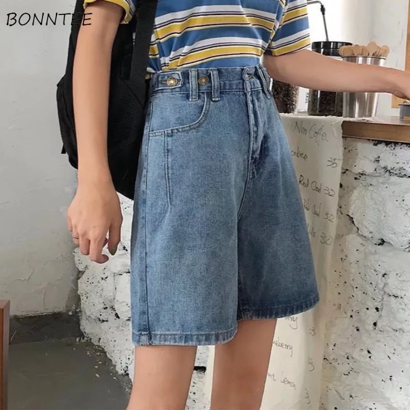 Casual Denim Shorts Women Harajuku Chic High Waist Solid Button Daily Students All-match Korean Fashion Summer Young Vintage