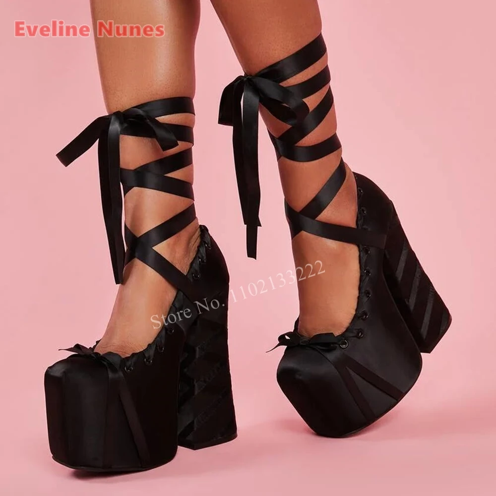 

Black Lace-up Platform Satin Pumps Women's Solid Chunky Heel Leather Round Toe Fashion New Arrival Shoes For footwear