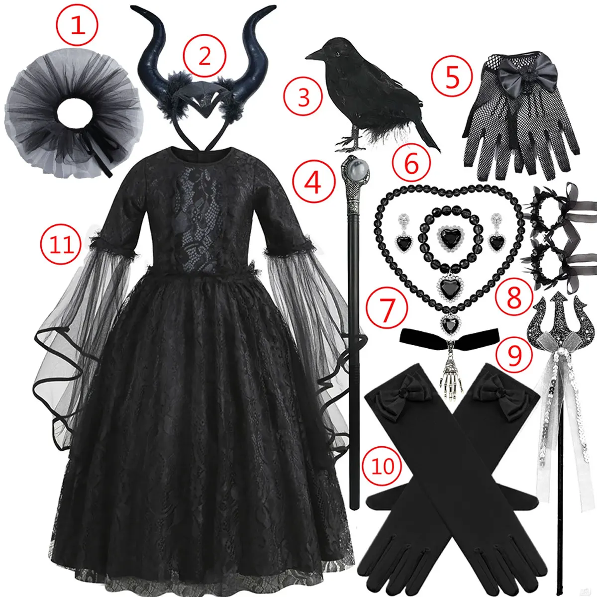 Fantasia de Halloween 2026 para Meninas, Vestido Clássico de Bruxa Preta com Manga Longa e Renda, Conjunto de Acessórios 2-12 Anos