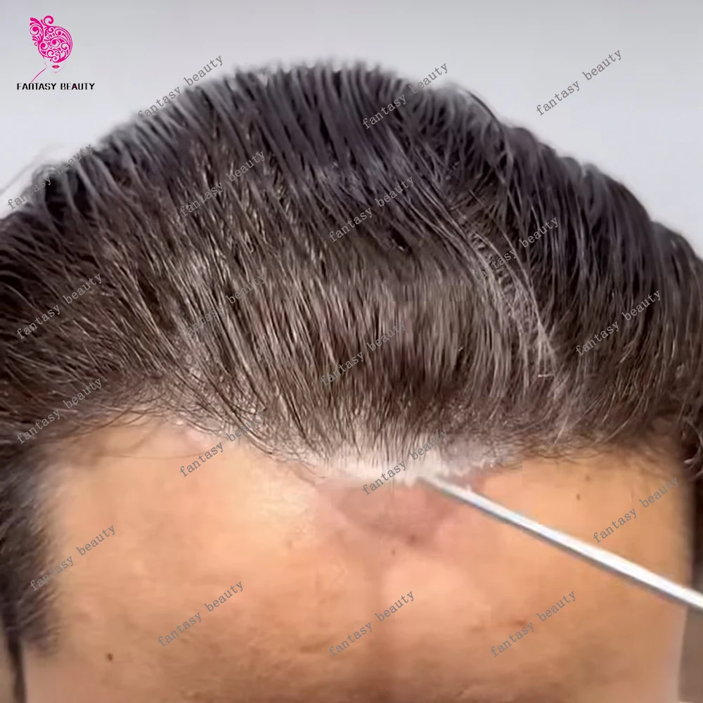

Natural Hairline 0.02mm Ultra Thin Skin Undetectable Micro Skin Blonde Black Light Weight 80%Density Toupee 1B80 Grey Human Hair