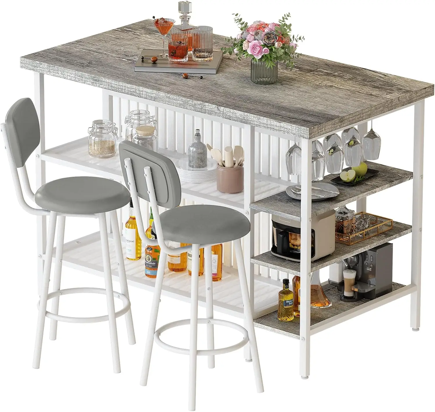 Isla con mesa de comedor de almacenamiento para 2, mesa de bistró y sillas, juego de 2 con 5 estantes, mesa de cocina de mármol sintético con 2 taburetes de PU