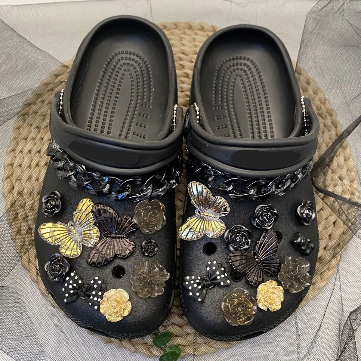【19pcs】Clogs DIY Accessories Dark Style Gold Foil Butterfly Detachable Shoe Charm Flower Suitable for Hole/Slippers Gifts