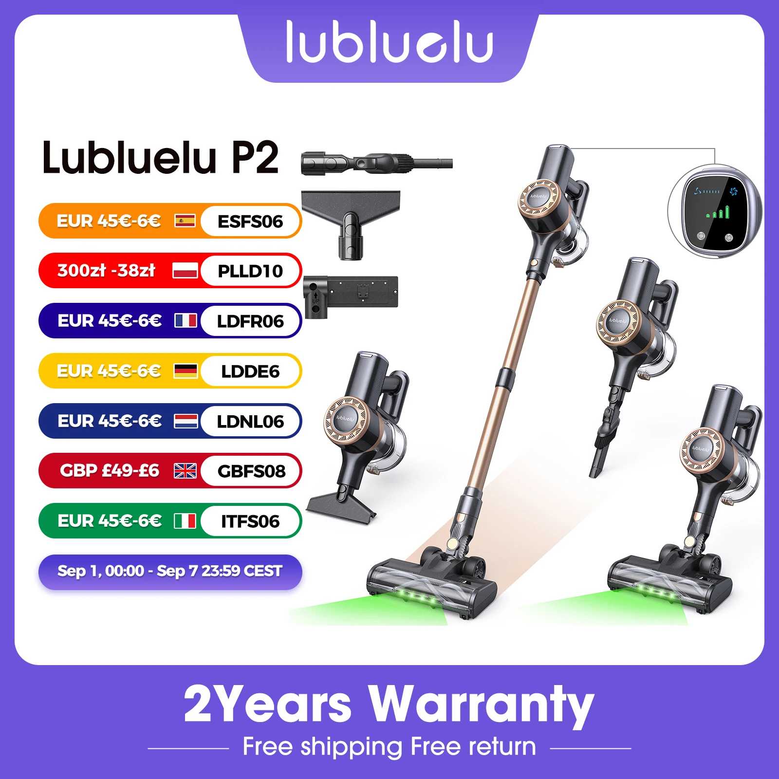 Lubluelu P2 30kPa Anti-Tangle Kabelloser Staubsauger mit LED-Anzeige Freistehender Staubsauger für Teppich, Boden und Tierhaare